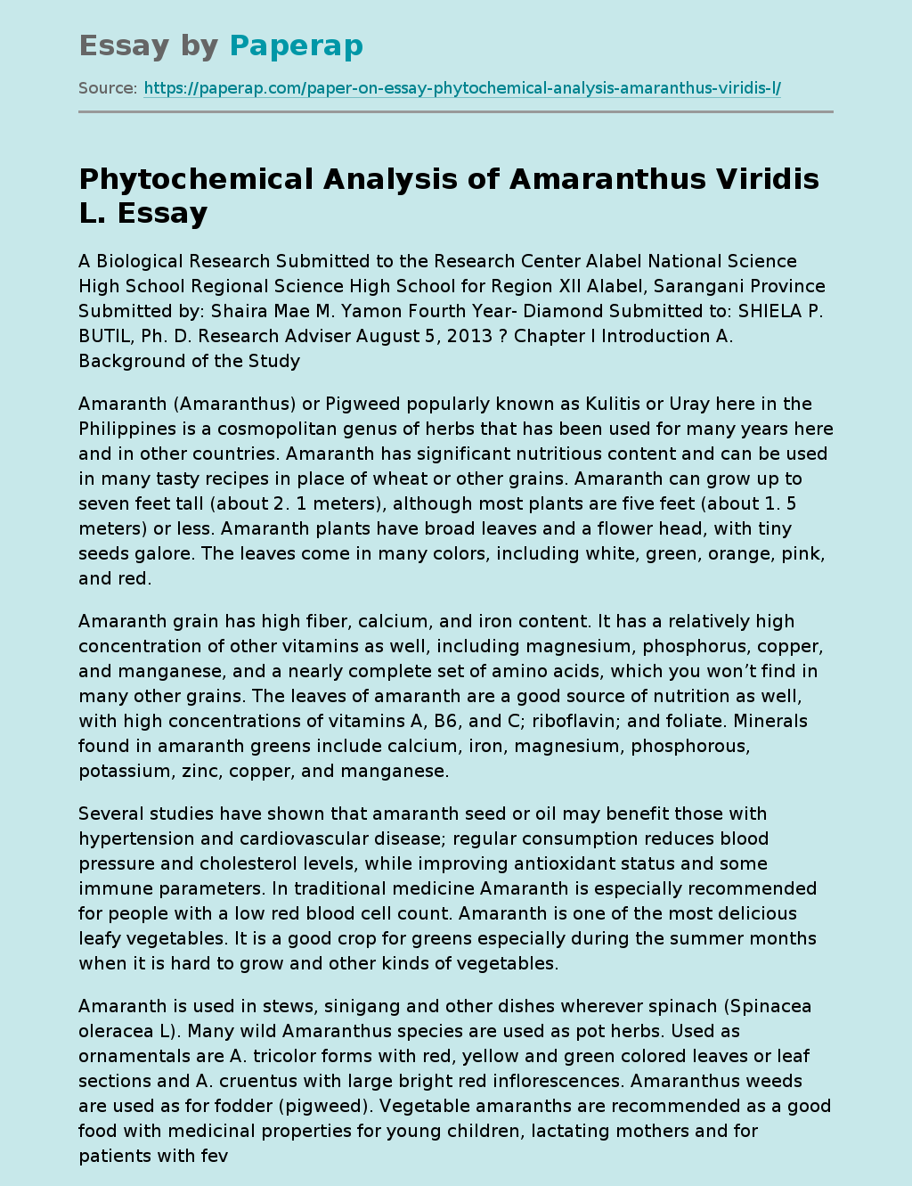 Phytochemical Analysis of Amaranthus Viridis L.