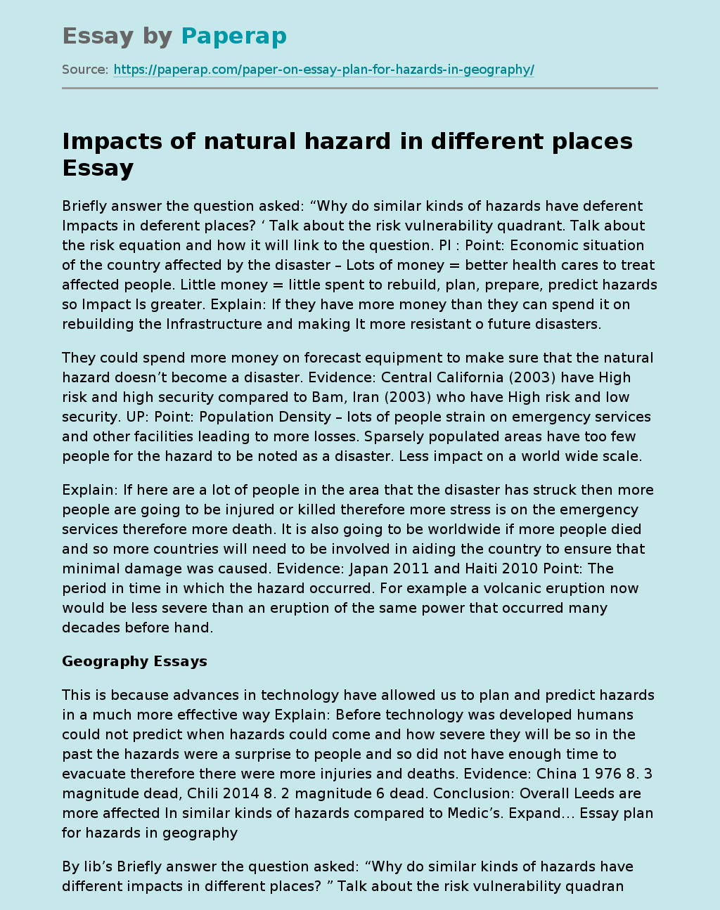 Impacts of natural hazard in different places
