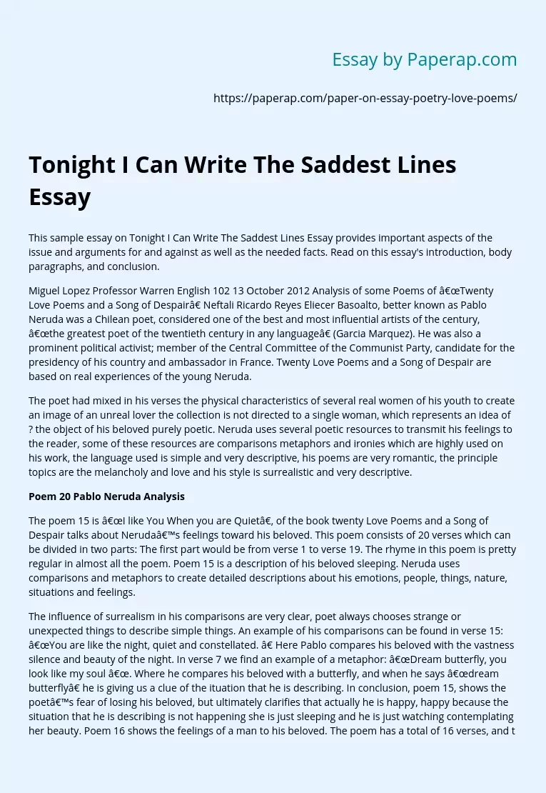 Tonight I Can Write The Saddest Lines Essay