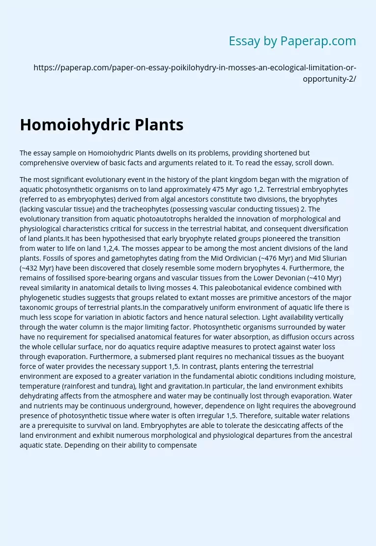 Essay on Homoyohydric Plants