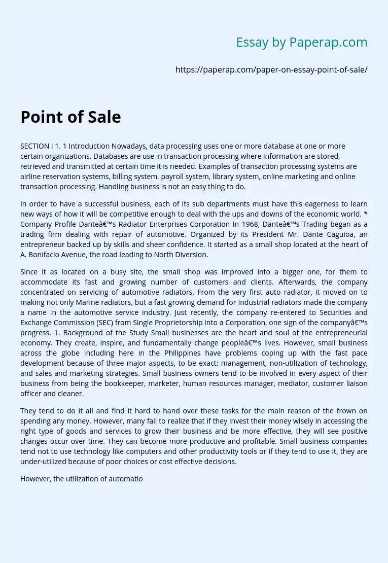 Point of Sale Computer System Analysis