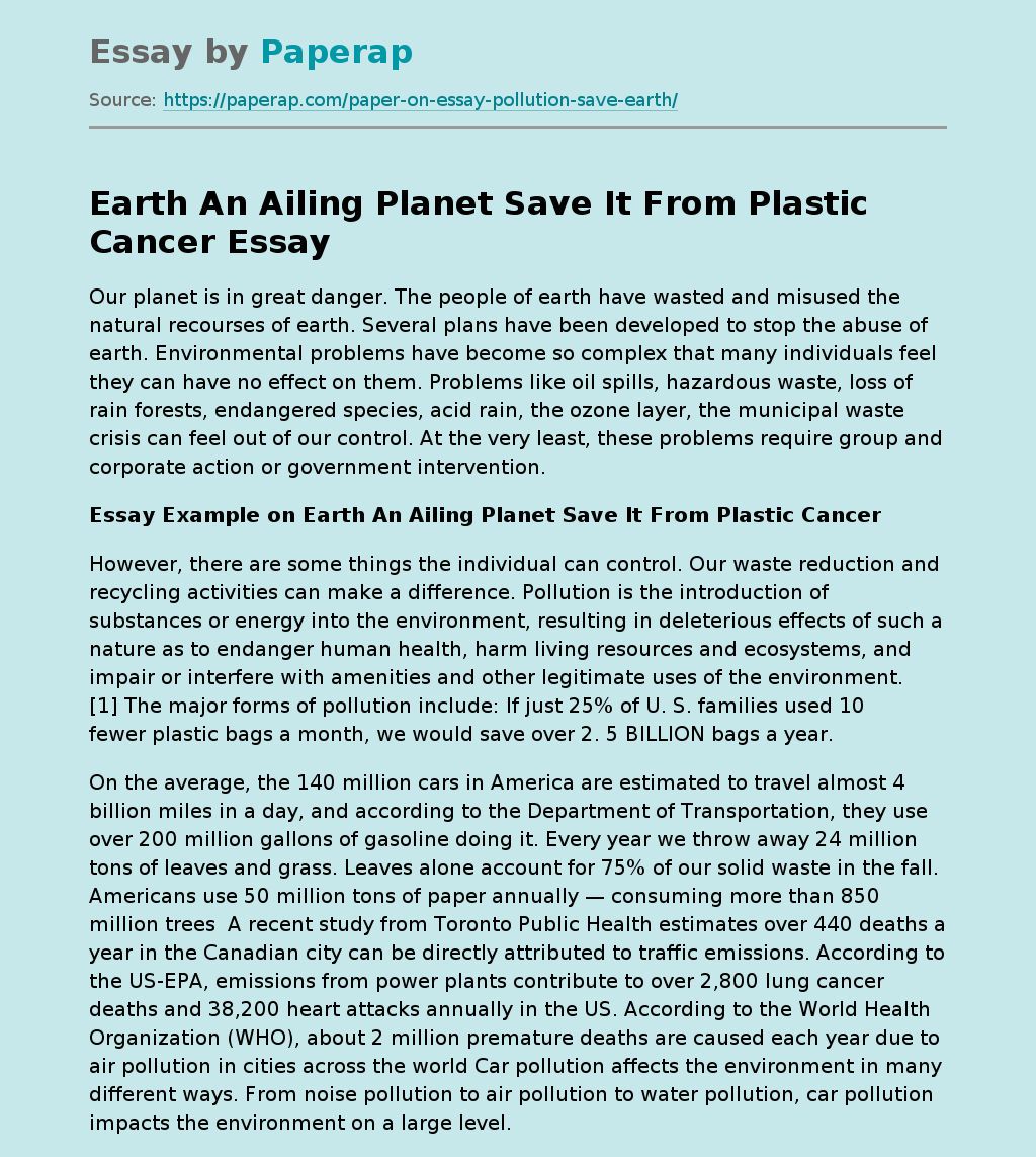 Earth An Ailing Planet Save It From Plastic Cancer