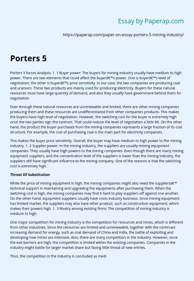 Porters 5 Forces Analysis for Mining Industry