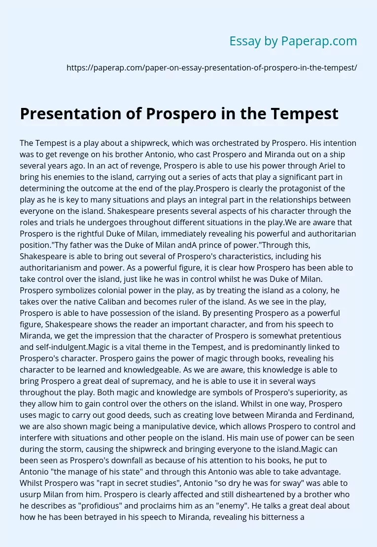 Presentation of Prospero in the Tempest