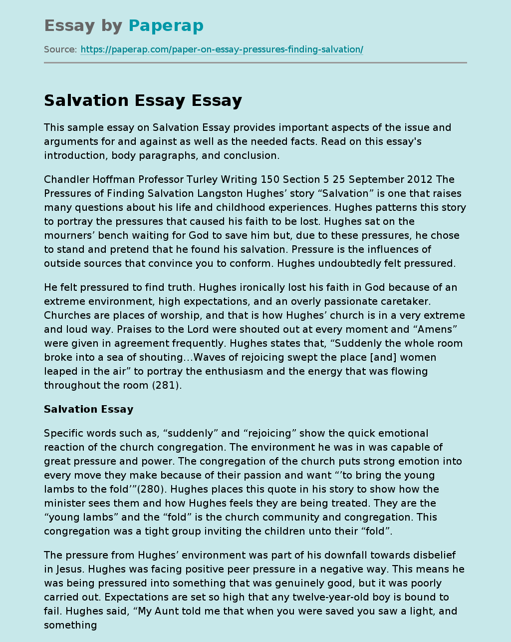 Sample Essay on Salvation Essay