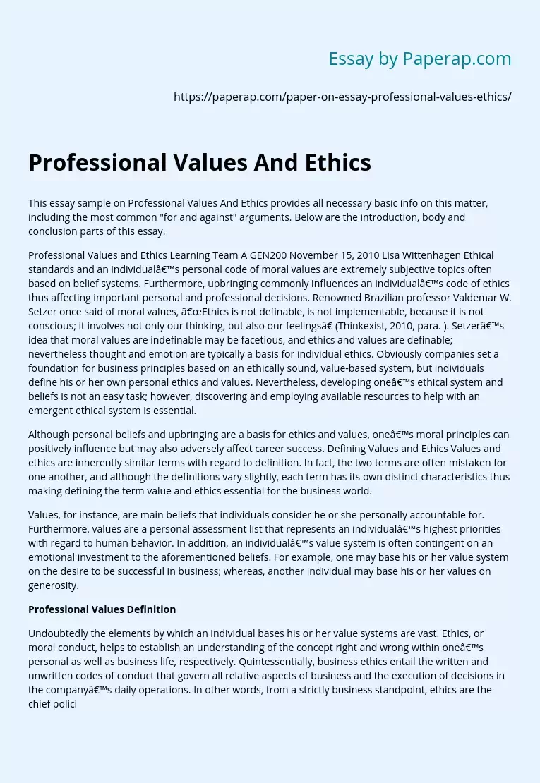 Professional Values And Ethics