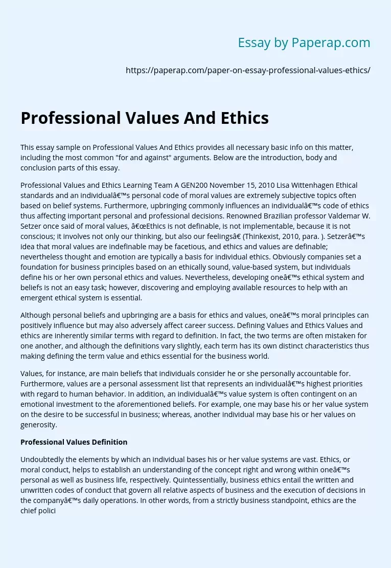 essay on professional values