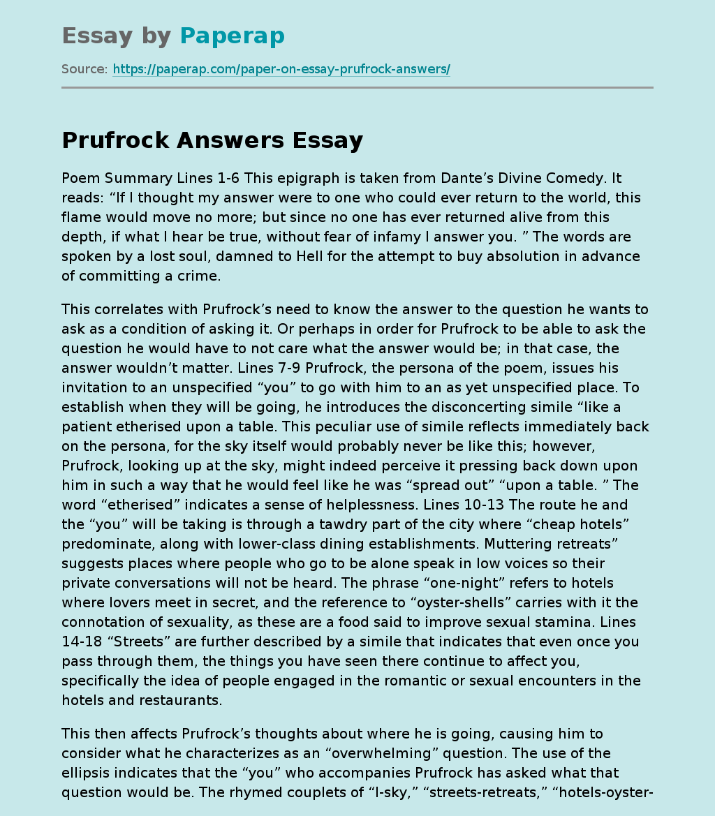 Prufrock Answers Poem Summary Lines 21-21 Free Essay Example For Prufrock Analysis Worksheet Answers