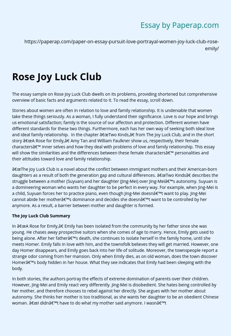 Реферат: Joy Luck Essay Research Paper The Joy