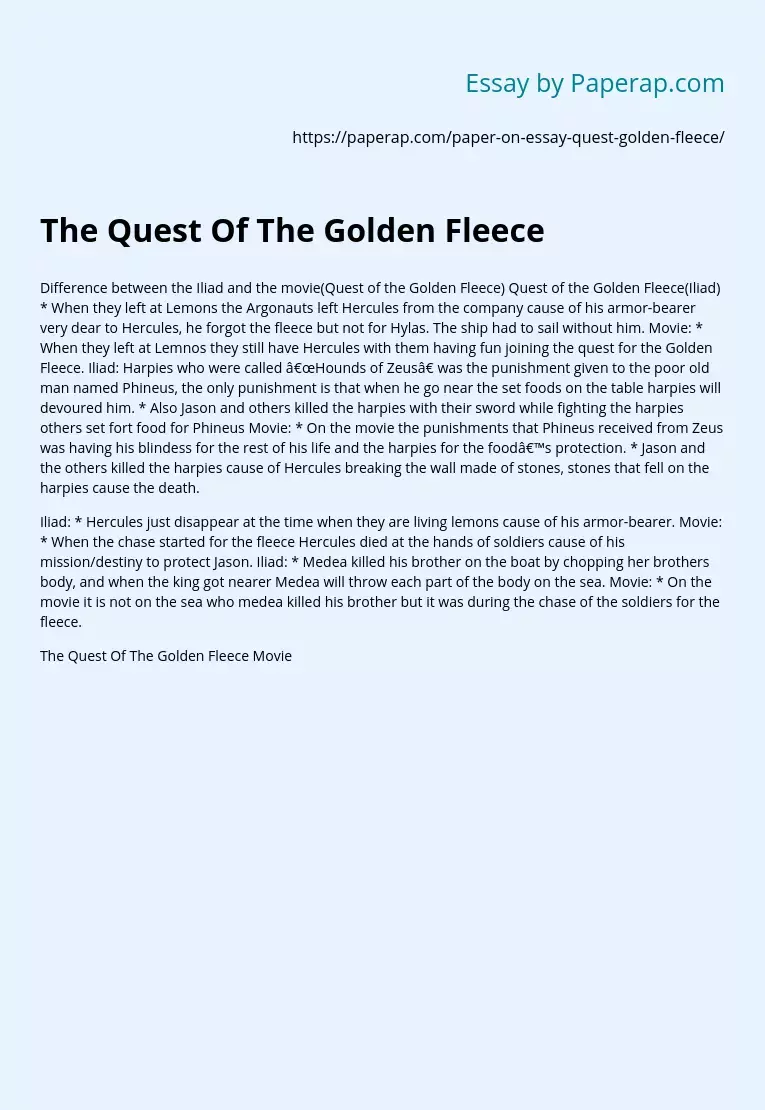 the quest of the golden fleece short summary