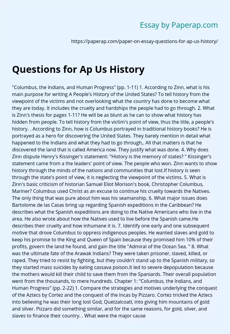 Questions for Ap Us History