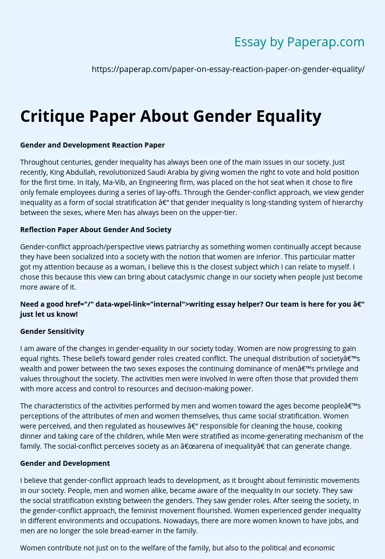 Critique Paper About Gender Equality