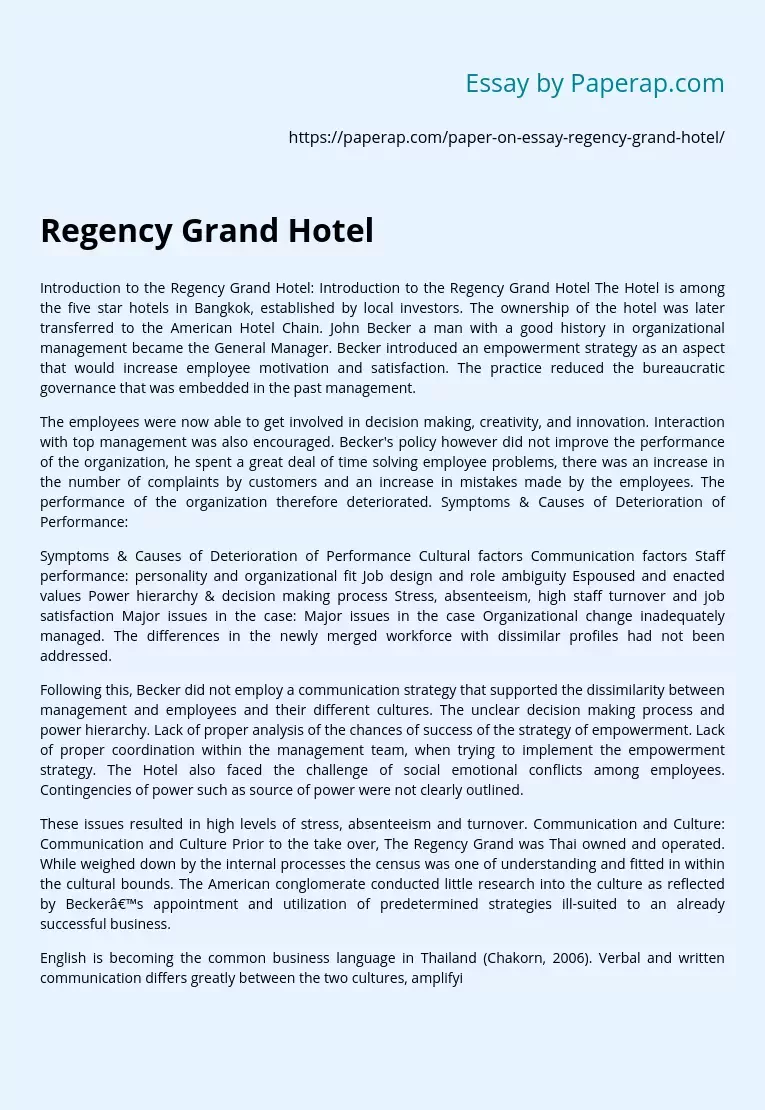 Regency Grand Hotel Business Analysis