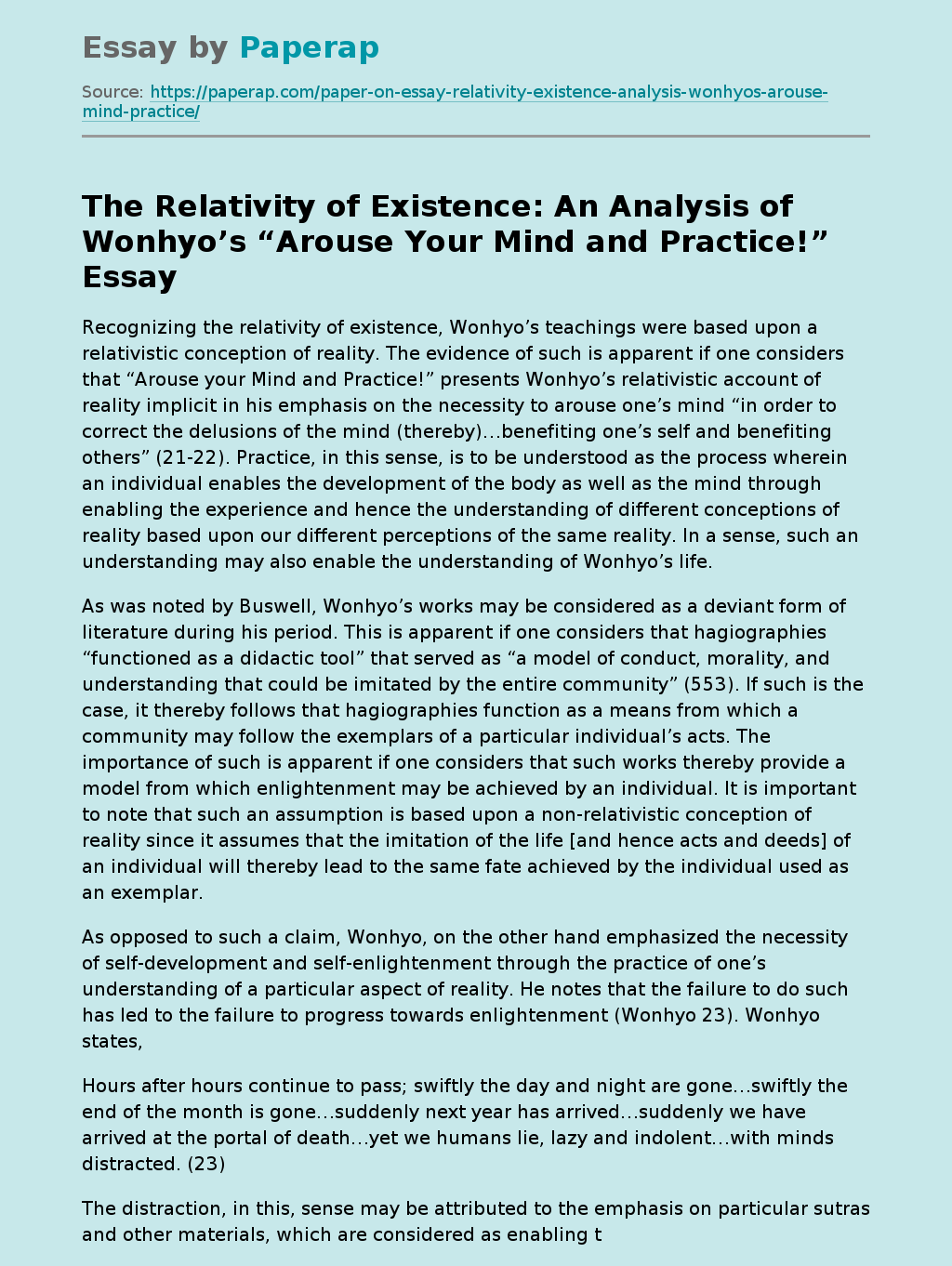 The Relativity of Existence: An Analysis of Wonhyo’s “Arouse Your Mind and Practice!”