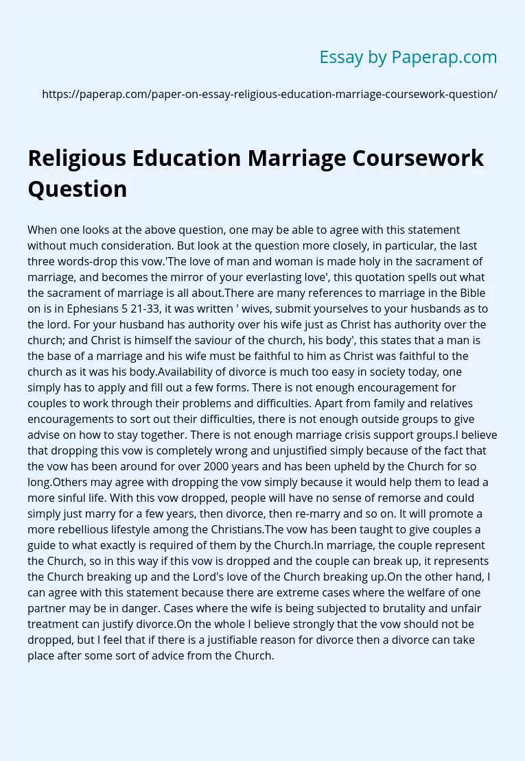 Religious Education Marriage Coursework Question