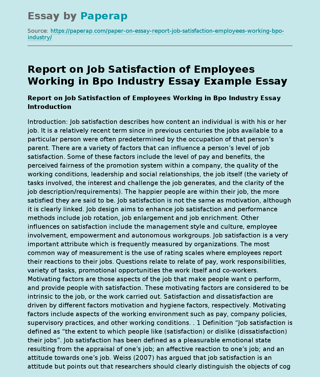 Report on Job Satisfaction of Employees Working in Bpo Industry Essay Example