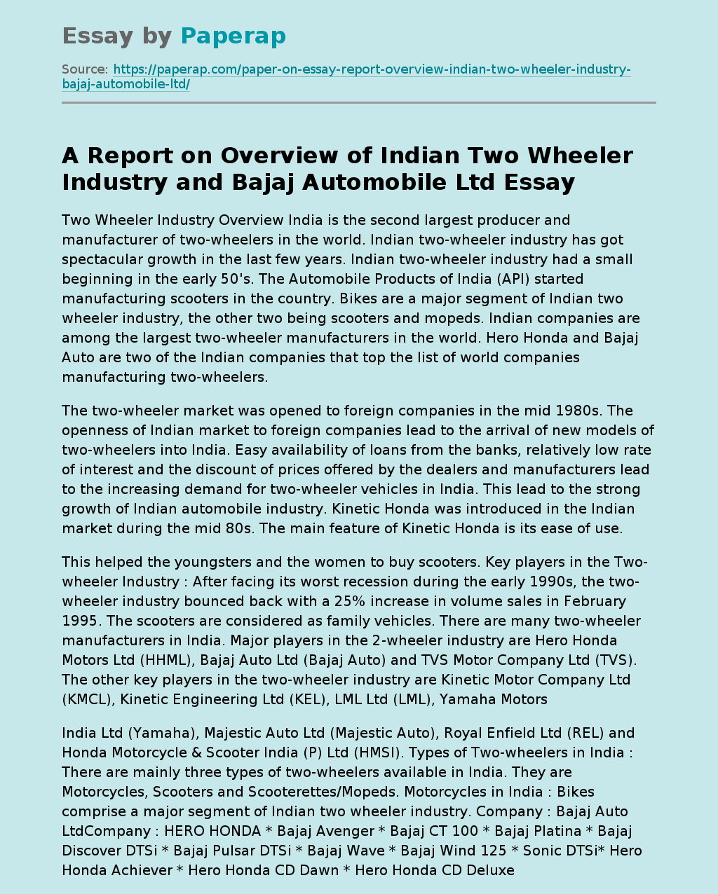 A Report on Overview of Indian Two Wheeler Industry and Bajaj Automobile Ltd