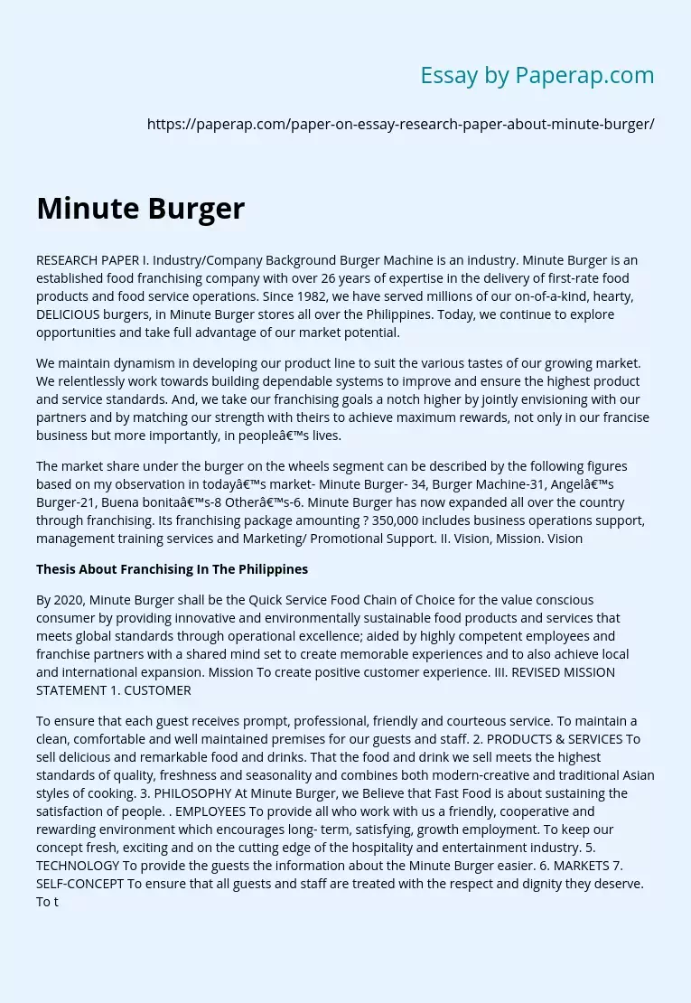 Minute Burger Food Franchising Company Research