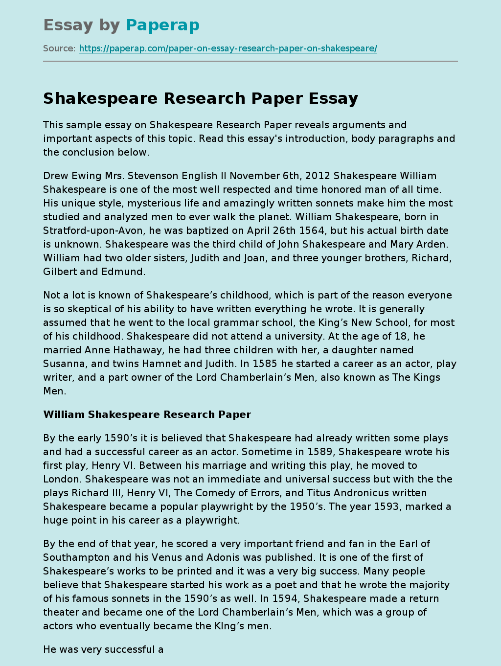 Shakespeare Research Paper