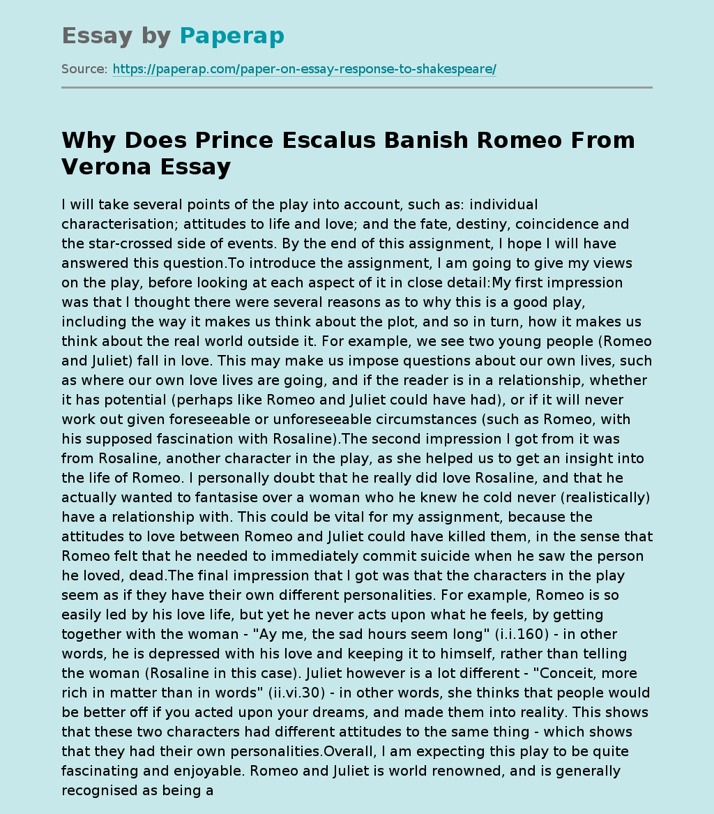 Why Does Prince Escalus Banish Romeo From Verona