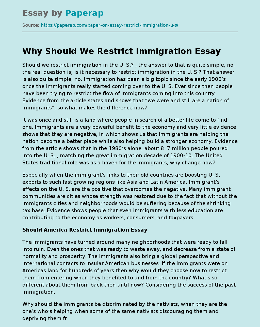 Why Should We Restrict Immigration