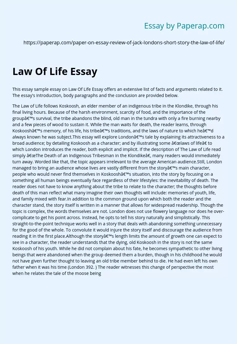 Review of Jack London's Short Story The Law Of Life