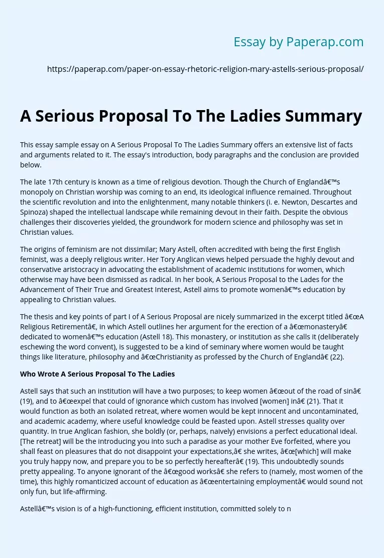 A Serious Proposal To The Ladies Summary