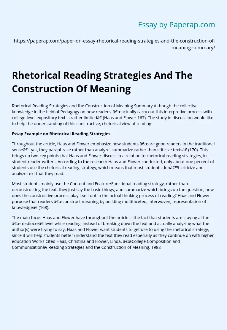 Rhetorical Reading Strategies And The Construction Of Meaning