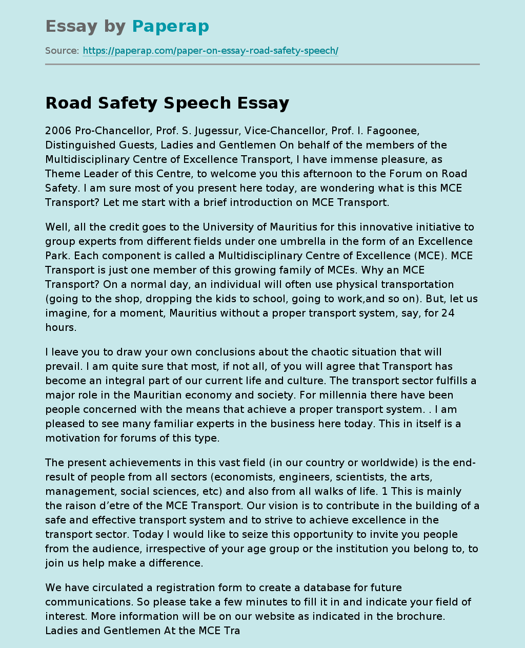 Road Safety Speech: MCE Transport