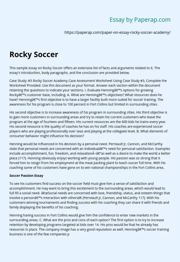 This Sample Essay on Rocky Soccer