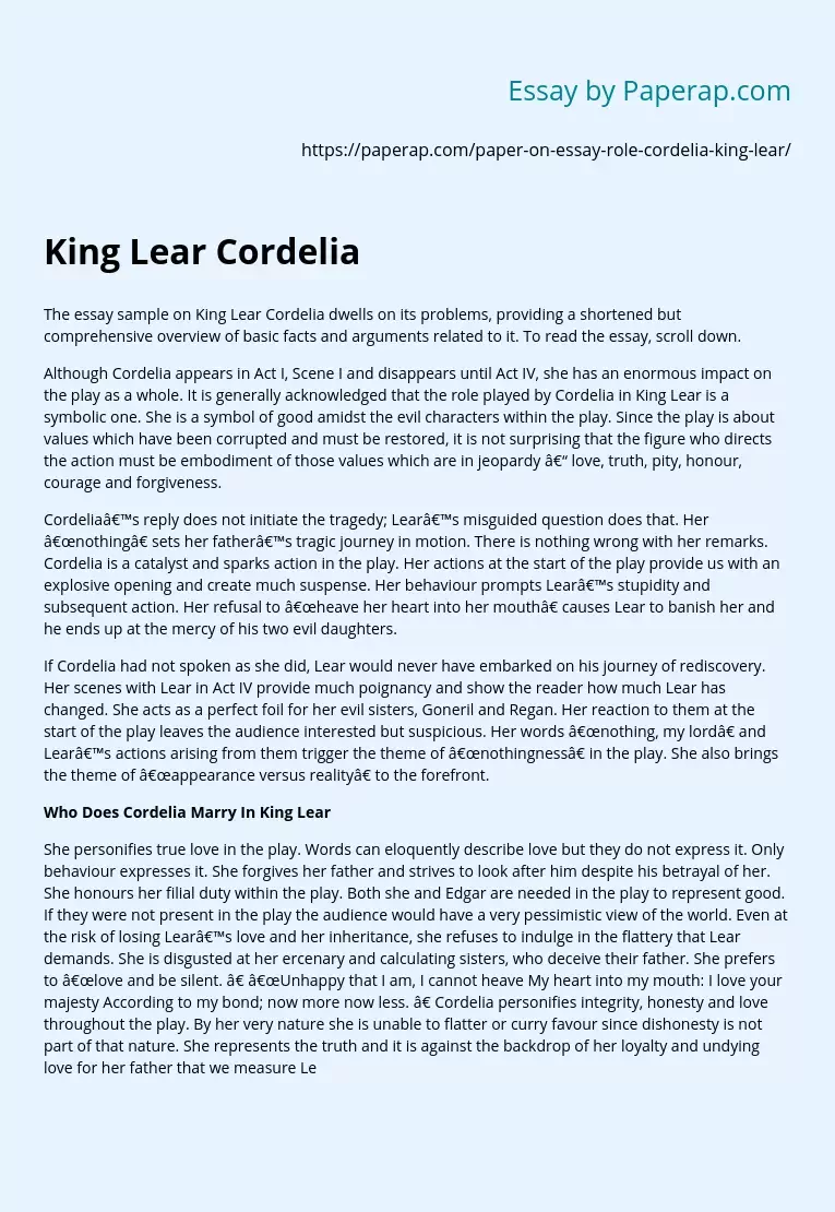 Important Role of Cordelia in King Lear