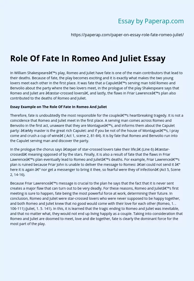 Role Of Fate In Romeo And Juliet Essay