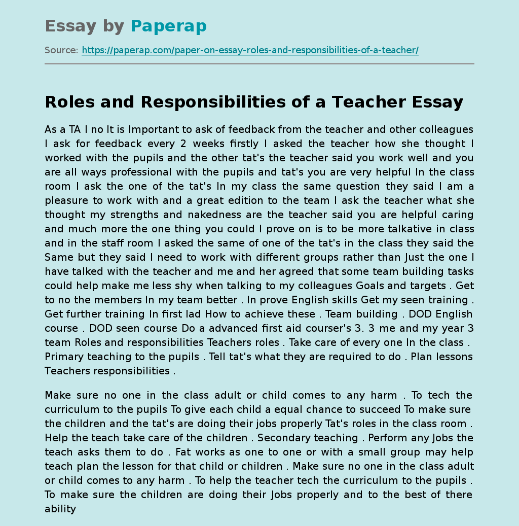 Roles And Responsibilities Of A Teacher Free Essay Example