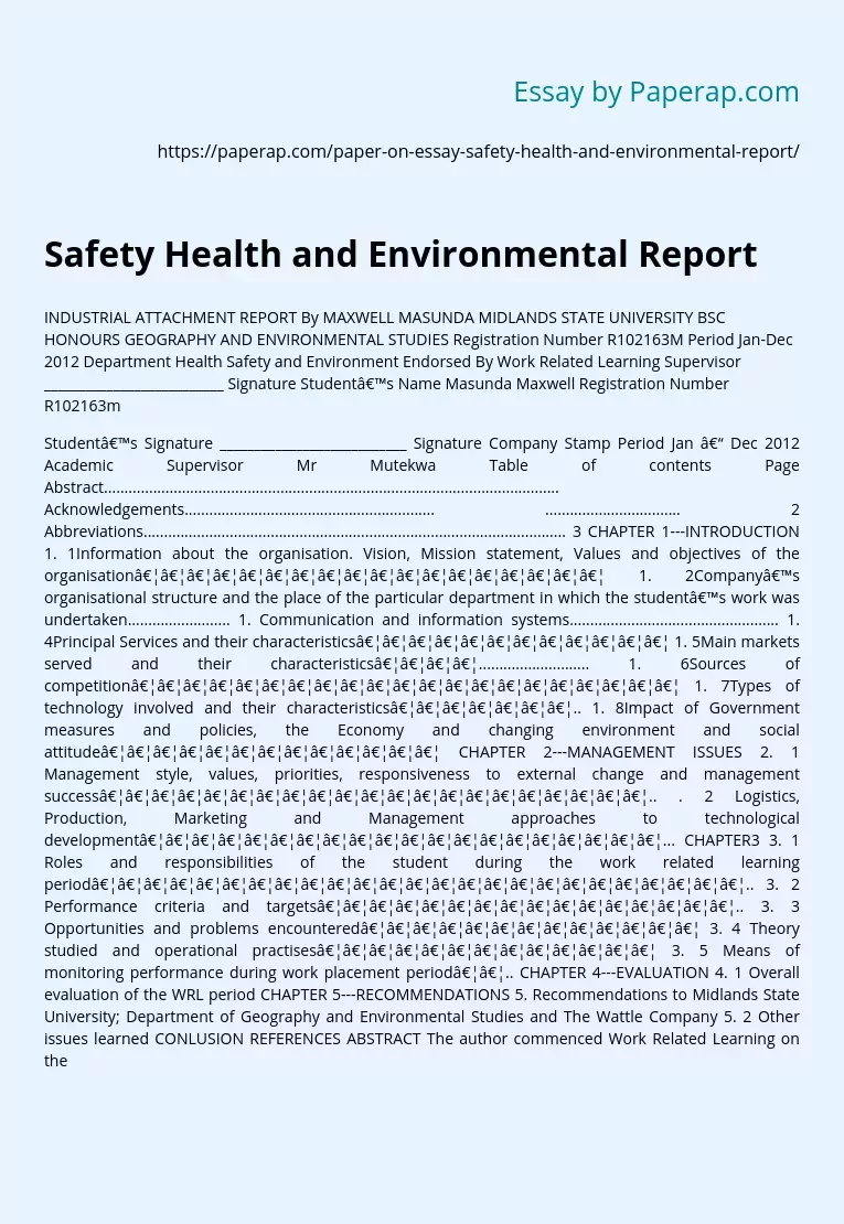 Safety Health and Environmental Report