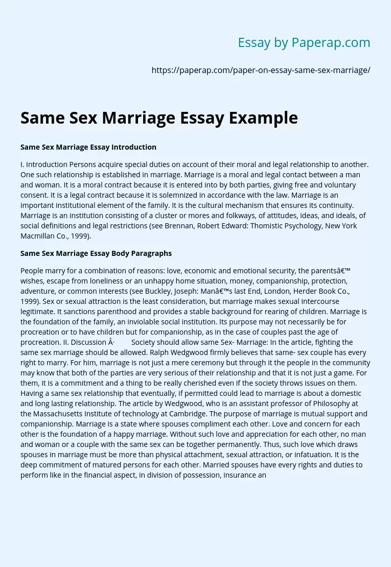 Same Sex Marriage Essay Example