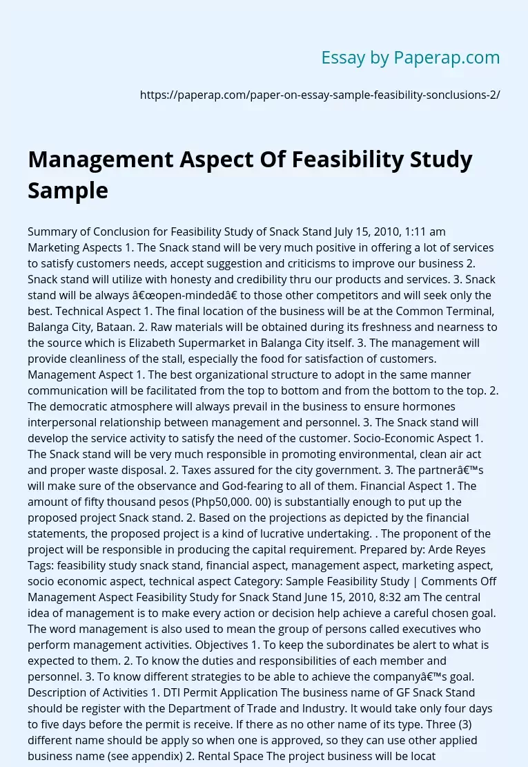 Management Aspect Of Feasibility Study Sample
