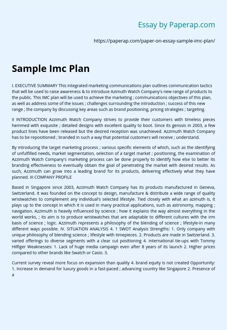 Sample Imc Plan