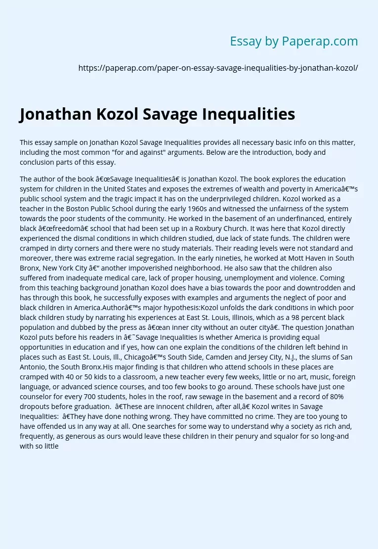Jonathan Kozol Savage Inequalities