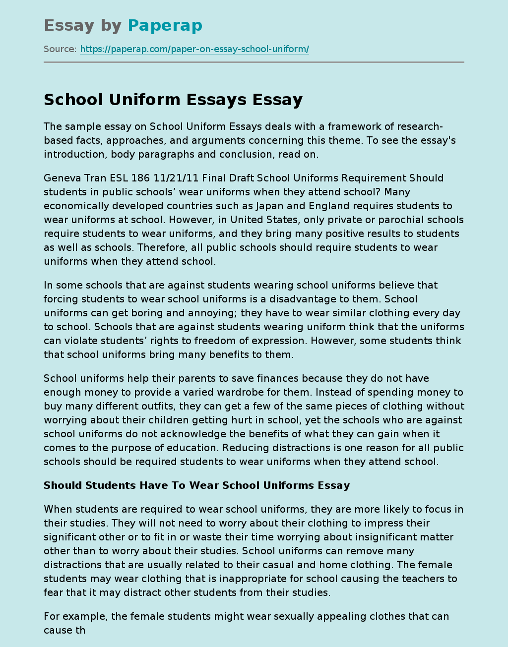 School Uniform Essays