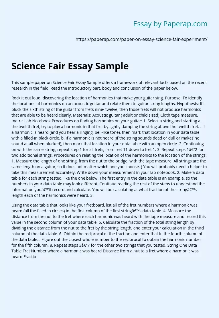 Science Fair Essay Sample Free Essay Example