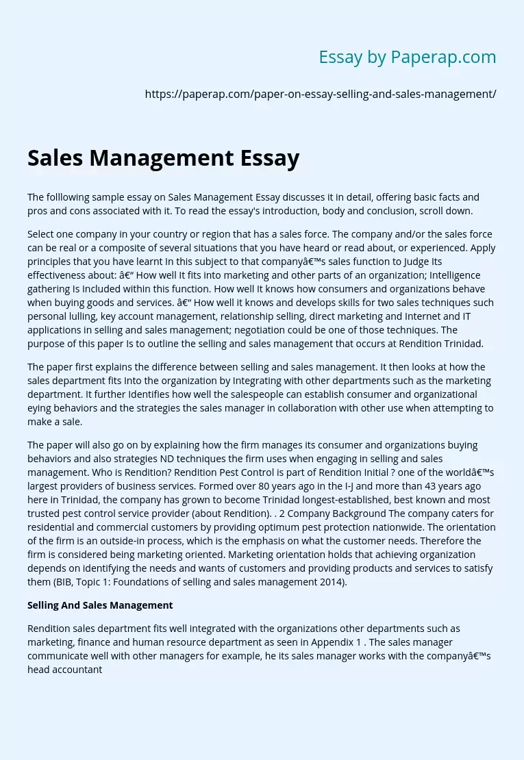 Sales Management Essay