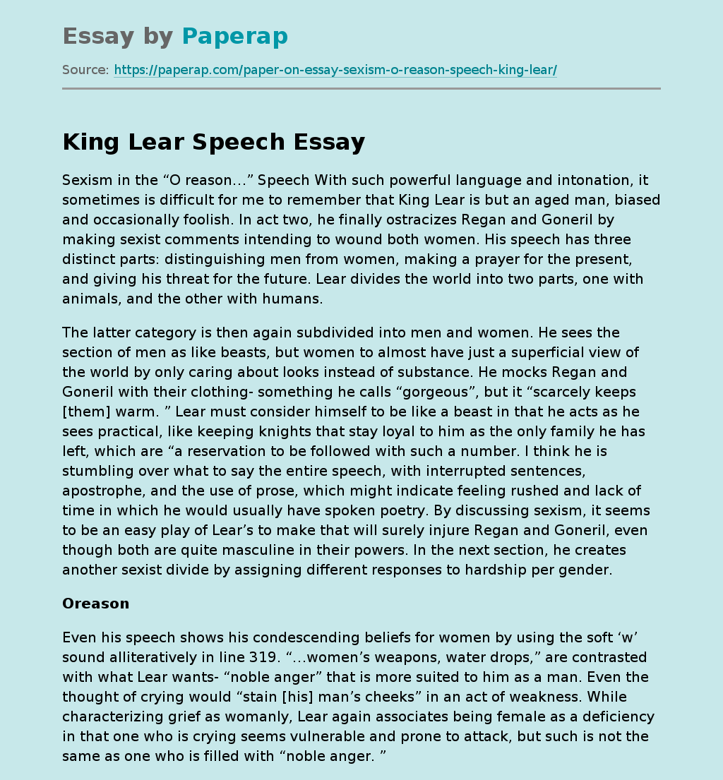 King Lear: Sexism in the “O reason…”