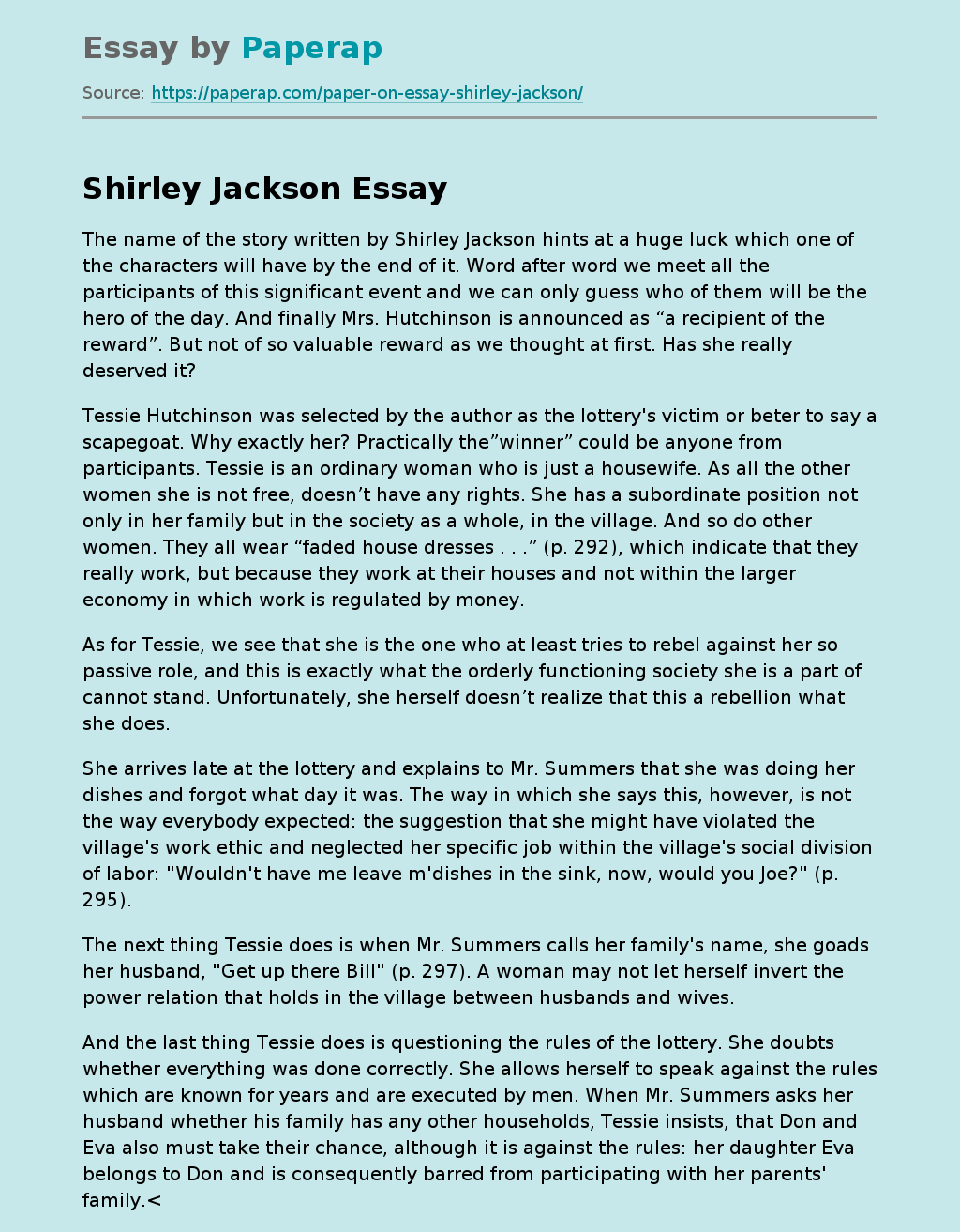 "The Lottery" Shirley Jackson