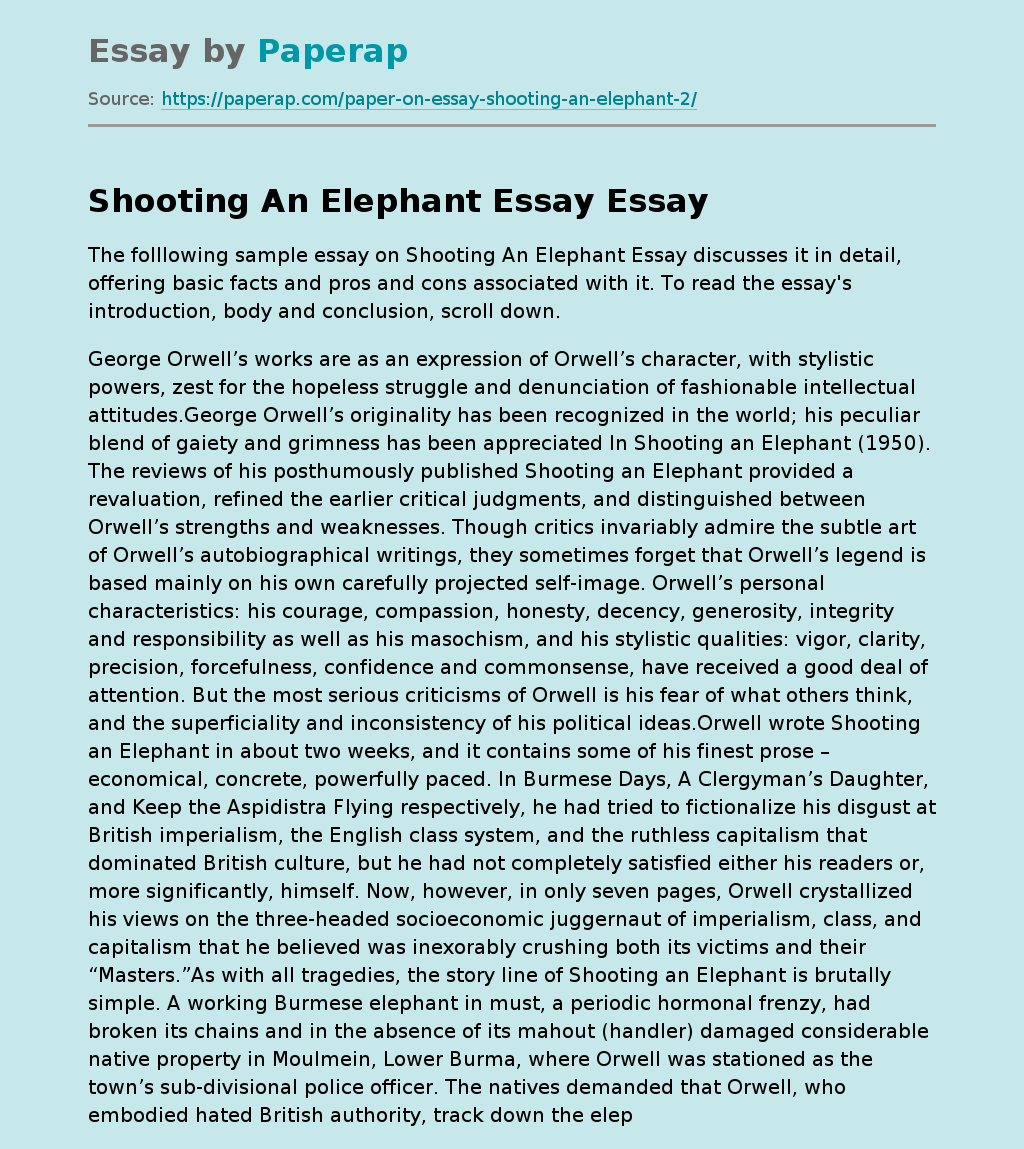 Sample Essay on Shooting an Elephant Essay