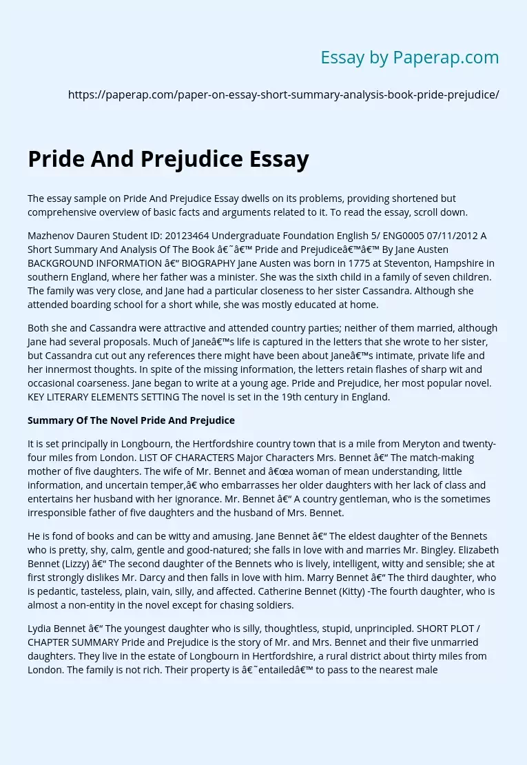 Pride And Prejudice Essay