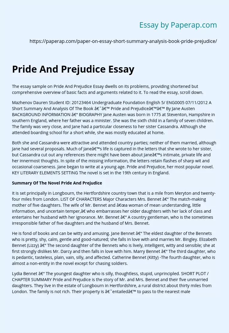 Pride and Prejudice by Jane Austen Essay