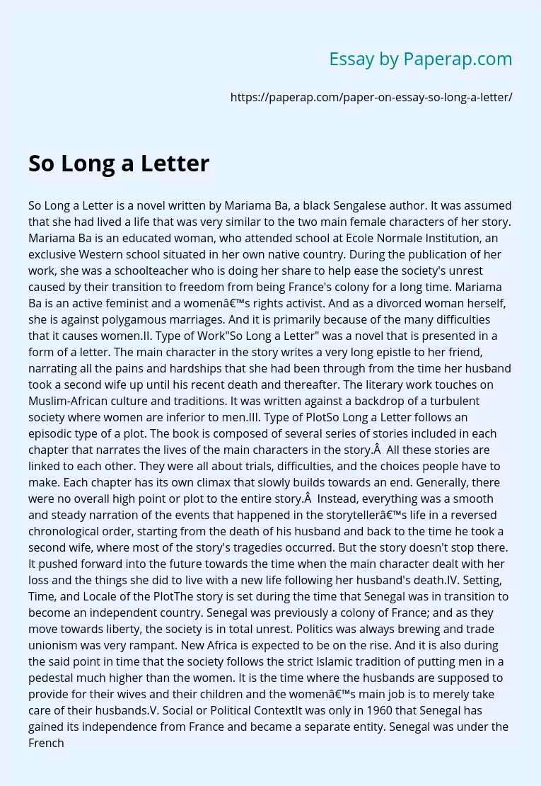 So Long a Letter Novel Analysis