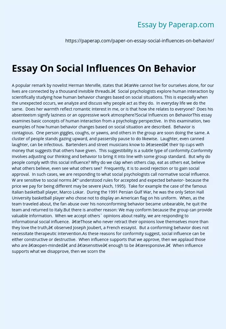 Essay On Social Influences On Behavior