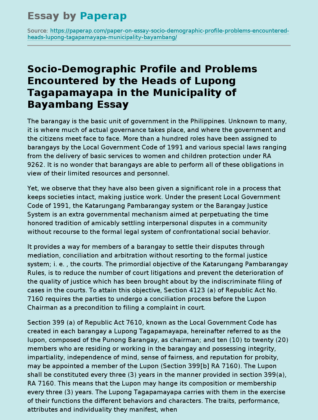 Socio-Demographic Profile and Problems Encountered by the Heads of Lupong Tagapamayapa in the Municipality of Bayambang