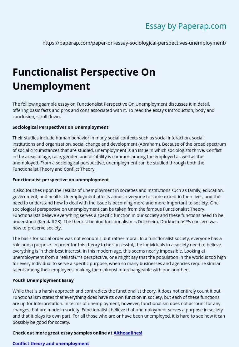 Functionalist Perspective On Unemployment